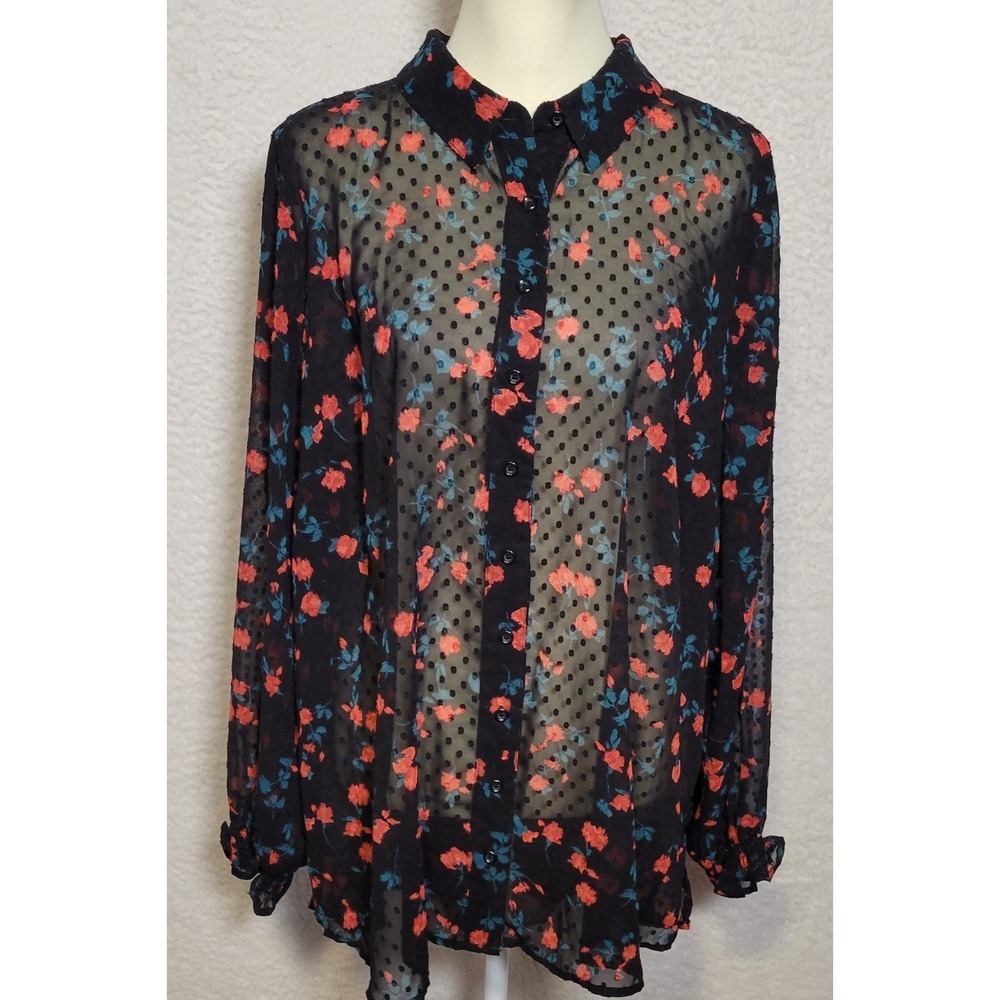 Lane Bryant Floral Blouse Size 18-20 Black Long Sleeve Sheer Button Boho 1180‎